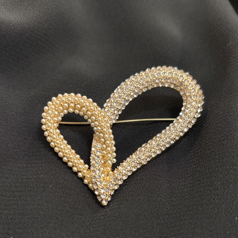 Anne Klein Gold Crystal Pave Double Heart Brooch Statement Pin